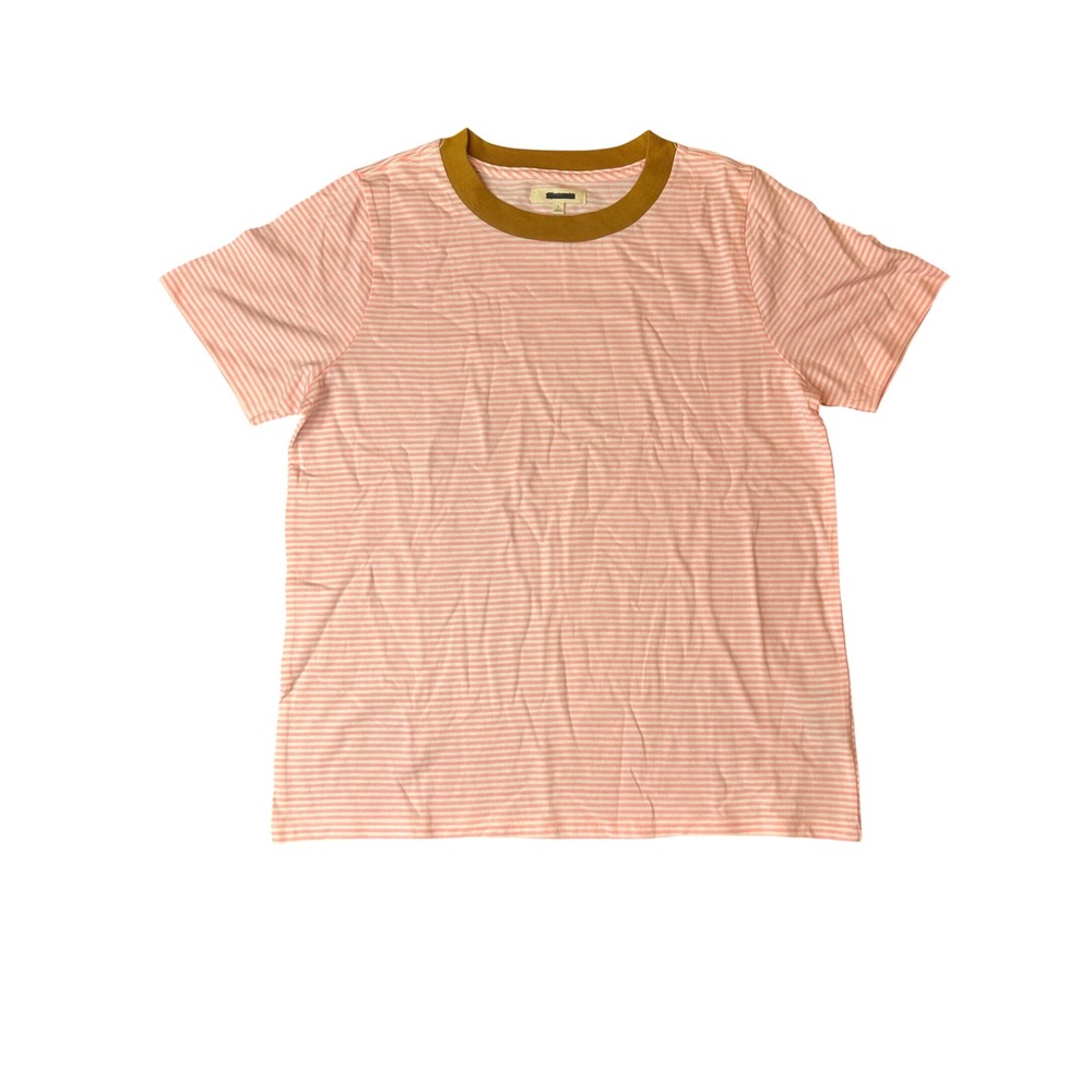 Madewell Pink White Striped Supima Cotton Ringer Tee Mustard Neck L